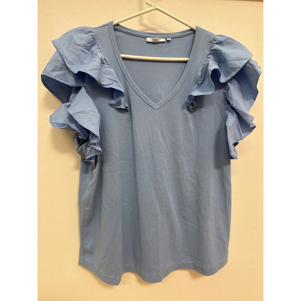 Chicos Light Blue Ribbed V-Neck Top Ruffle Tiered Flutter Sleeve Size 3 XL